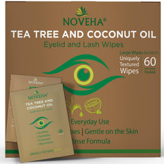NOVEHA Tea Tree & Coconut Wipes packaging; convenient daily eye and face cleansing on the go.