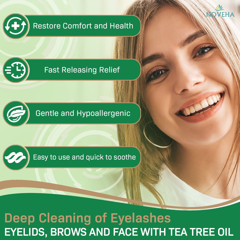 NOVEHA wipes applied to eyelid area; effective daily cleansing without irritation.