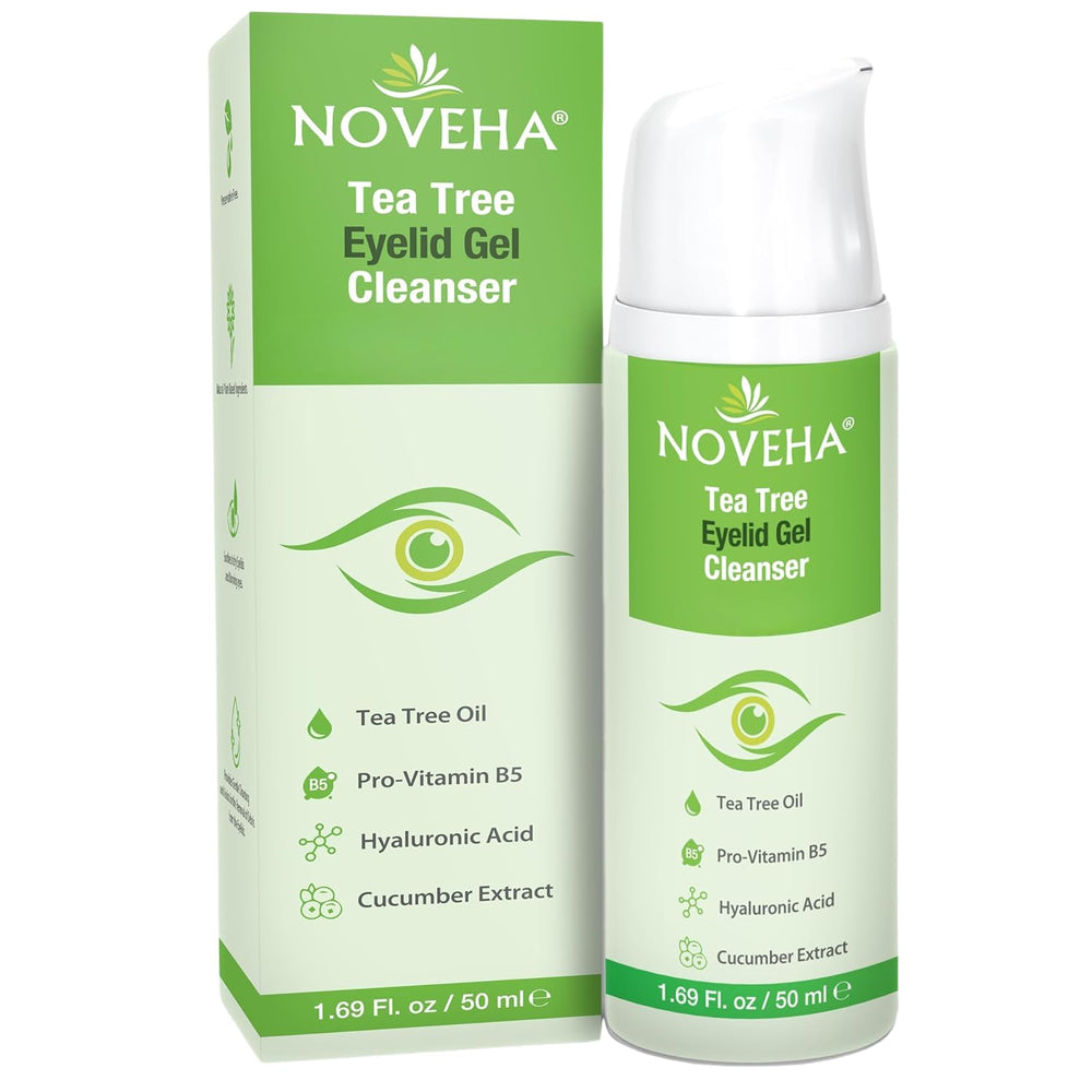 NOVEHA Tea Tree Eyelid Gel Cleanser bottle shows gentle eyelid cleansing.