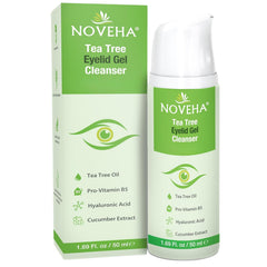 NOVEHA Tea Tree Eyelid Gel Cleanser bottle shows gentle eyelid cleansing.