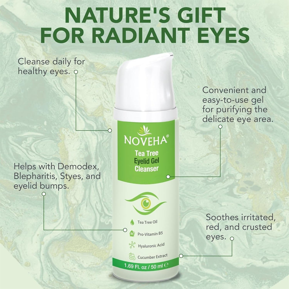 NOVEHA Tea Tree Eyelid Gel Cleanser label close-up highlights preservative-free formula.