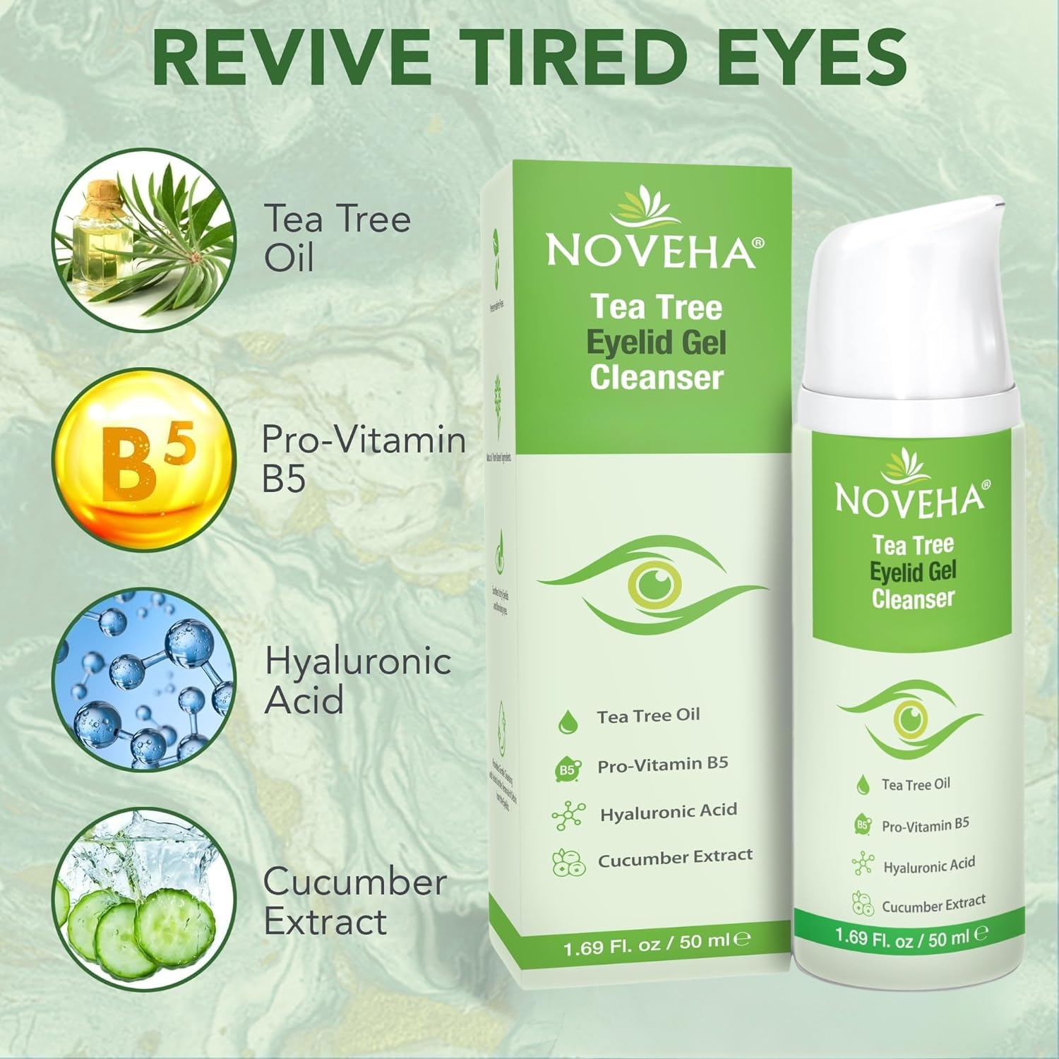 NOVEHA Tea Tree Eyelid Gel Cleanser tea tree oil drops suggest soothing eye care.