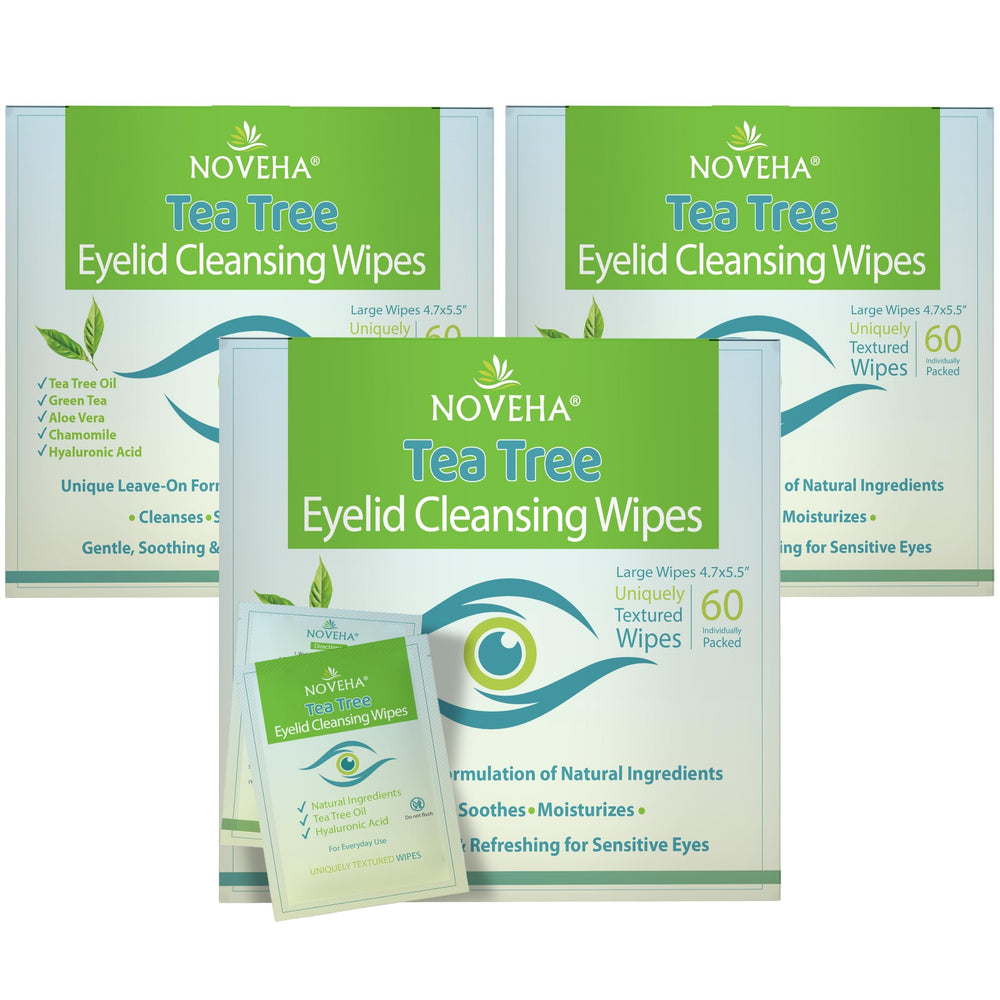 NOVEHA tea tree eyelid wipes pack shows a full box for daily cleansing.