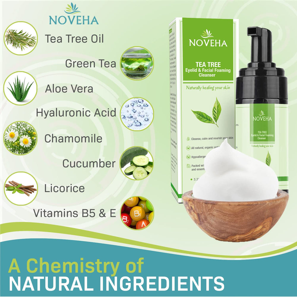 NOVEHA foaming cleanser lather dispensed for daily facial hygiene