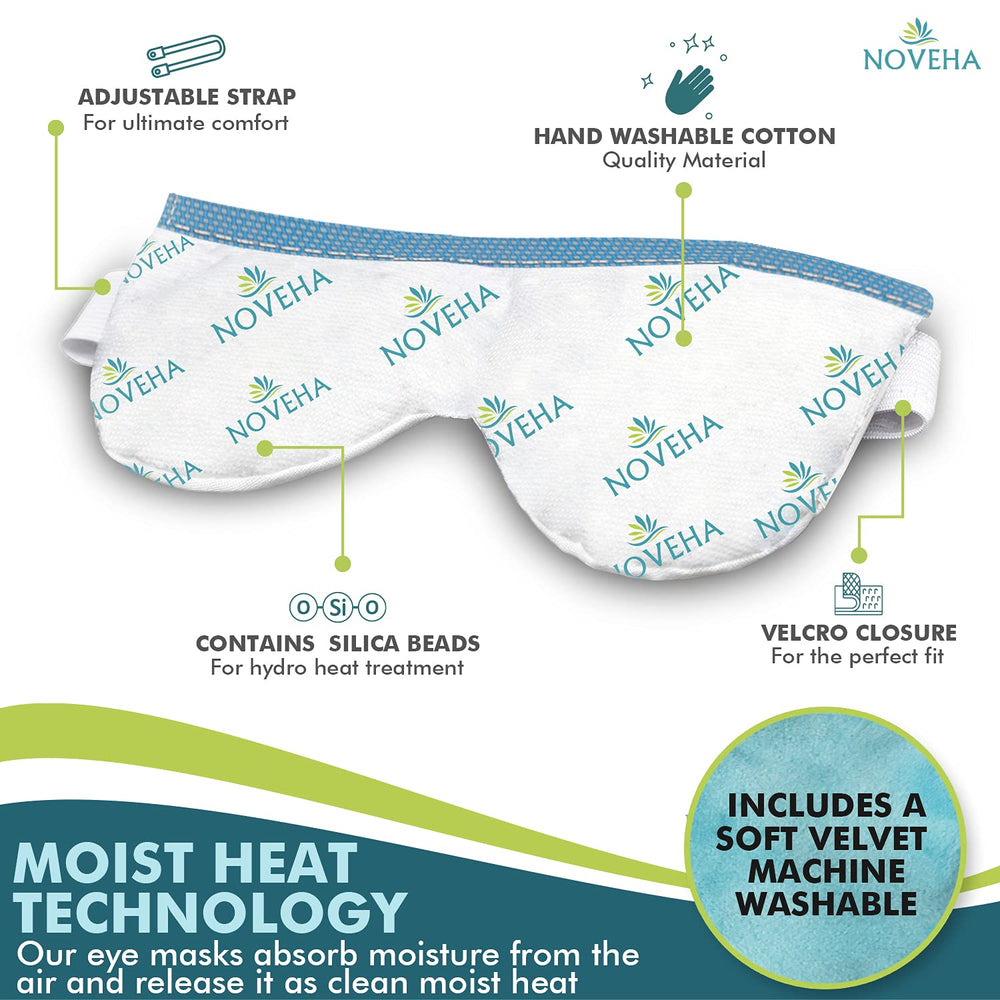 NOVEHA Ultra Warm Compress Eye Mask adjustable strap demonstrates secure, comfortable fit for all face shapes