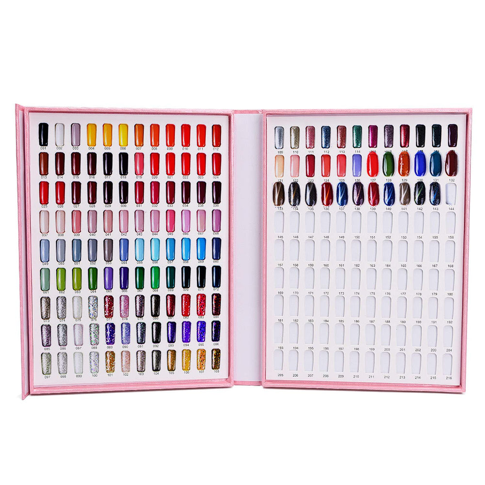 Noverlife 216 nail colors chart display swatches closeup helps clients compare shades efficiently.