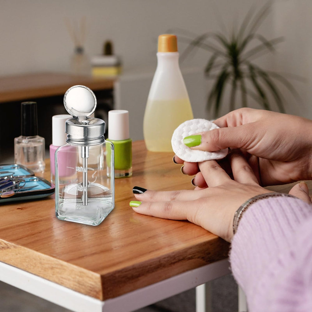 Noverlife refillable push-down bottle for liquids reduces spills and waste.