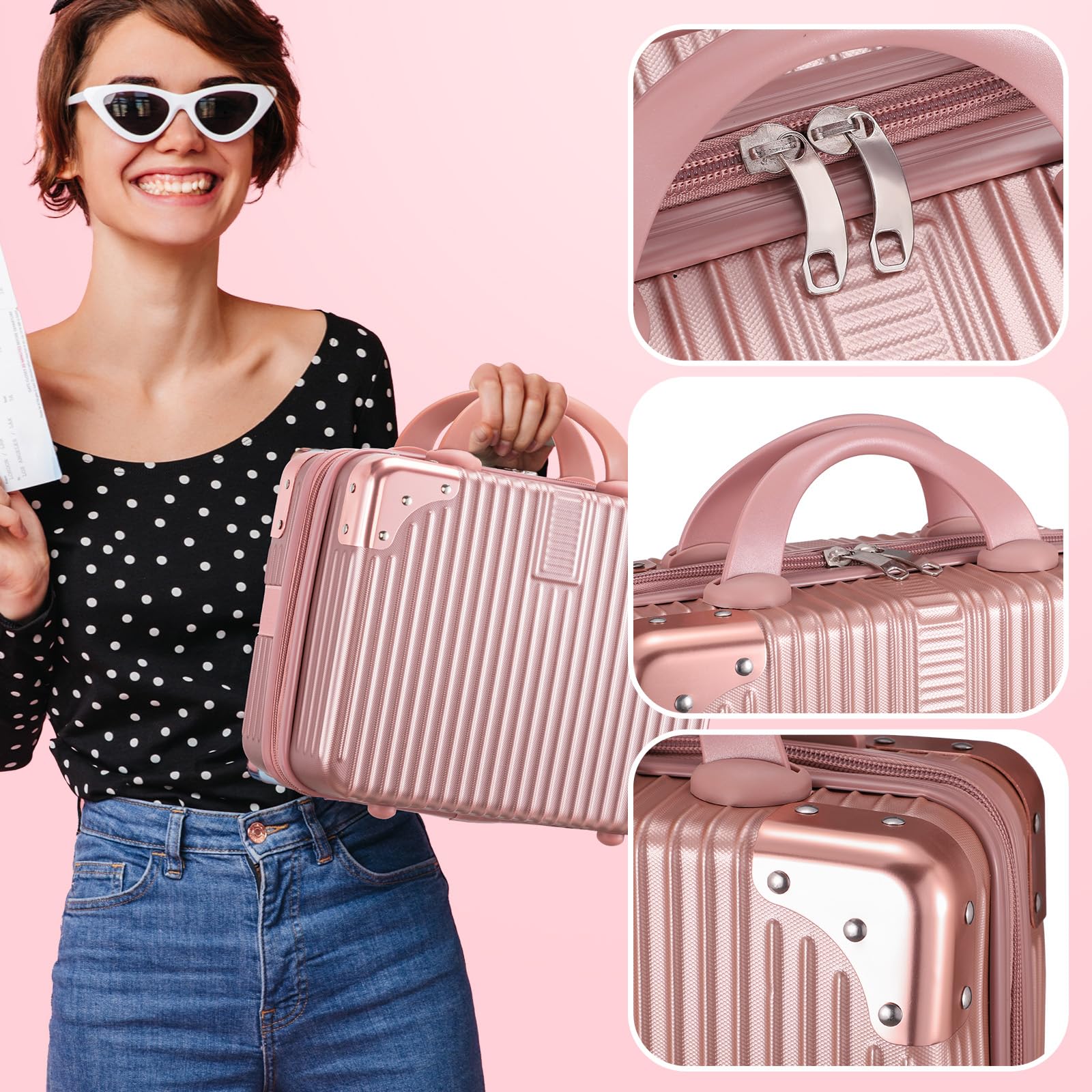 Noverlife rose gold travel case on a suitcase demonstrates portable travel-ready design