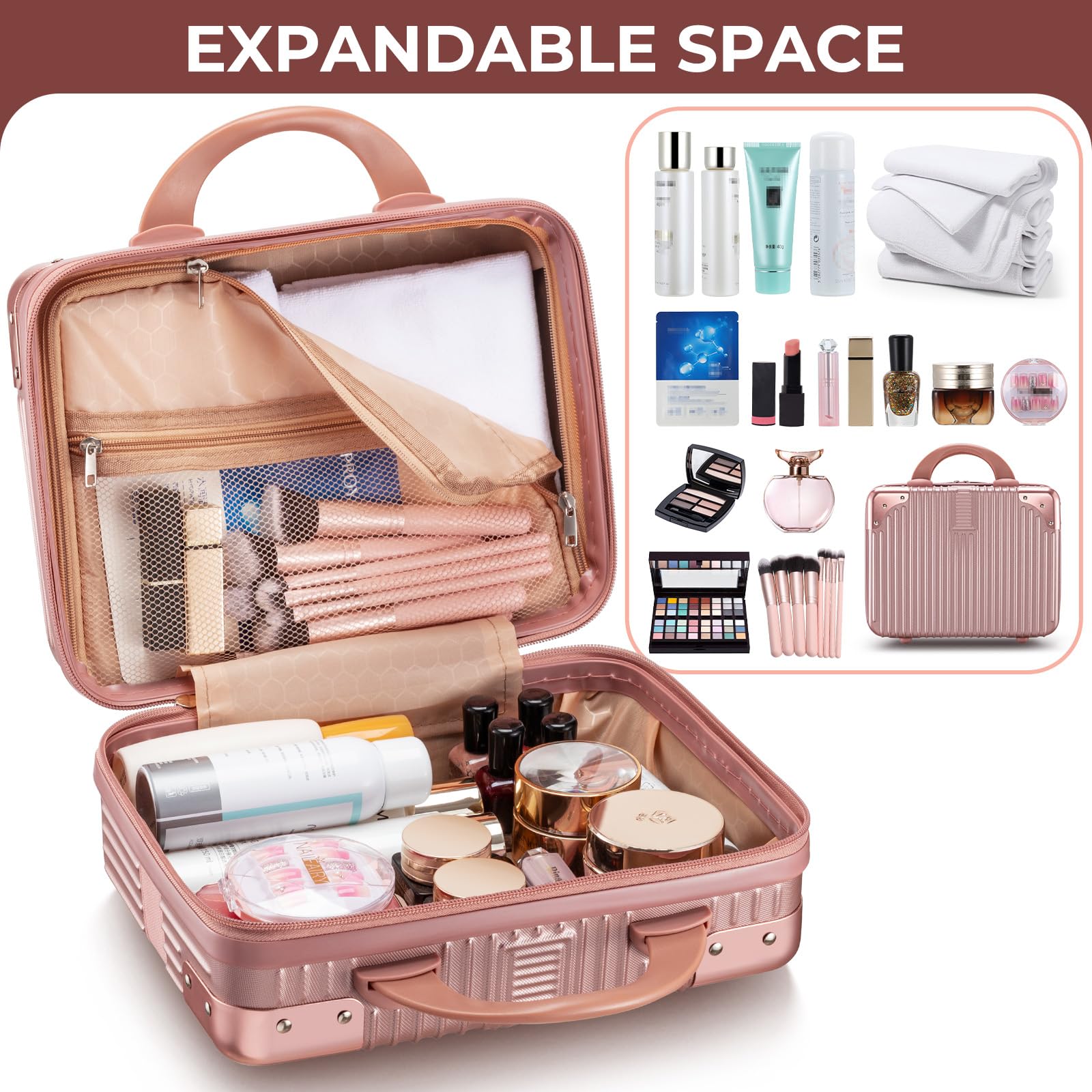 Noverlife rose gold travel case zipper close-up illustrates smooth alloy zipper for durable use