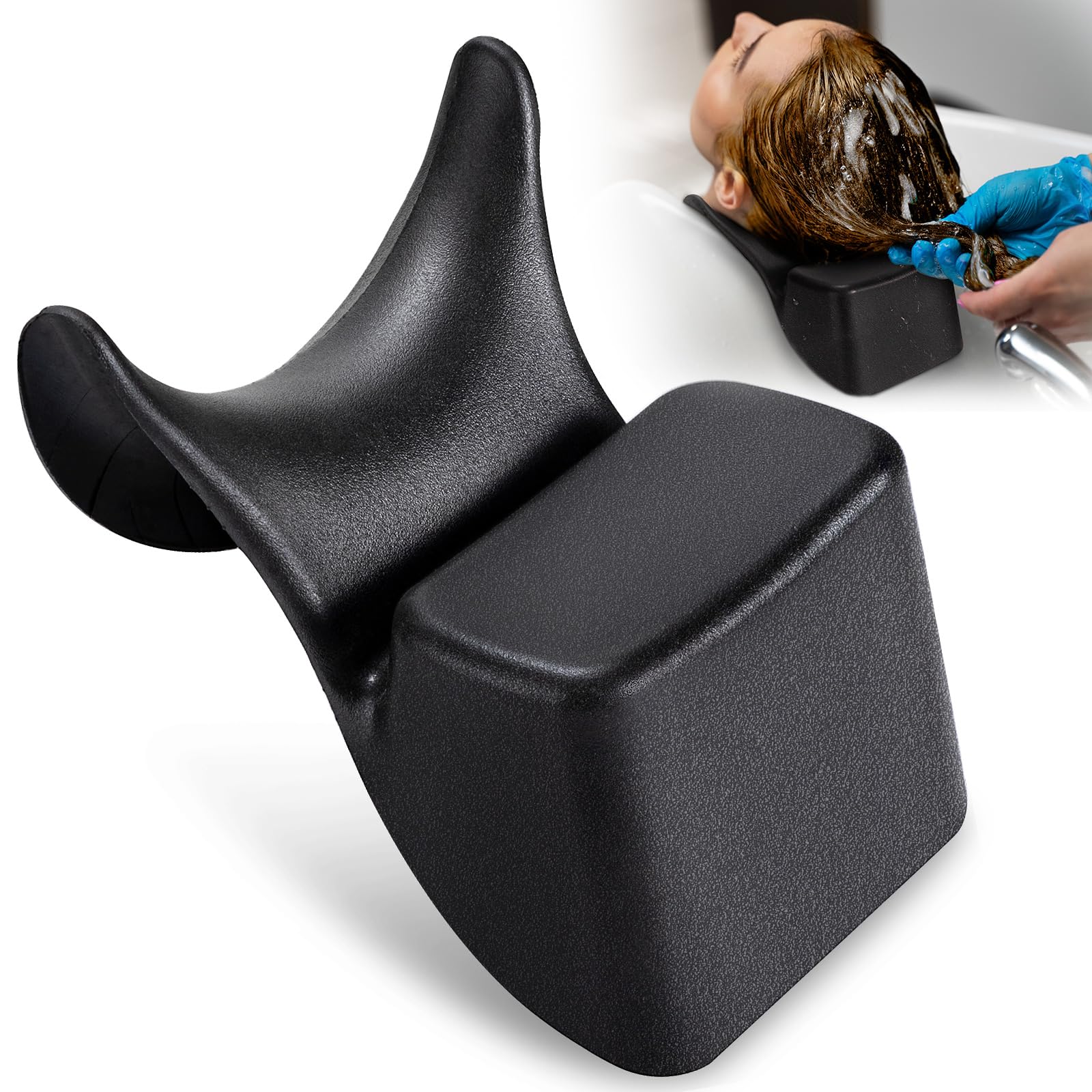 Noverlife ergonomic-curve neck rest demonstrates neck support during salon shampooing