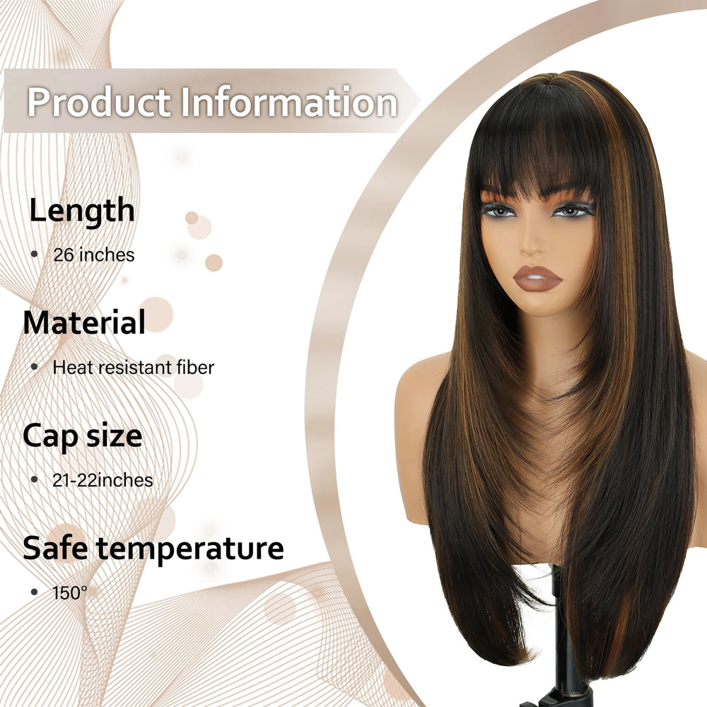 NOVFLKW long straight wig with layered bangs for versatile styling.