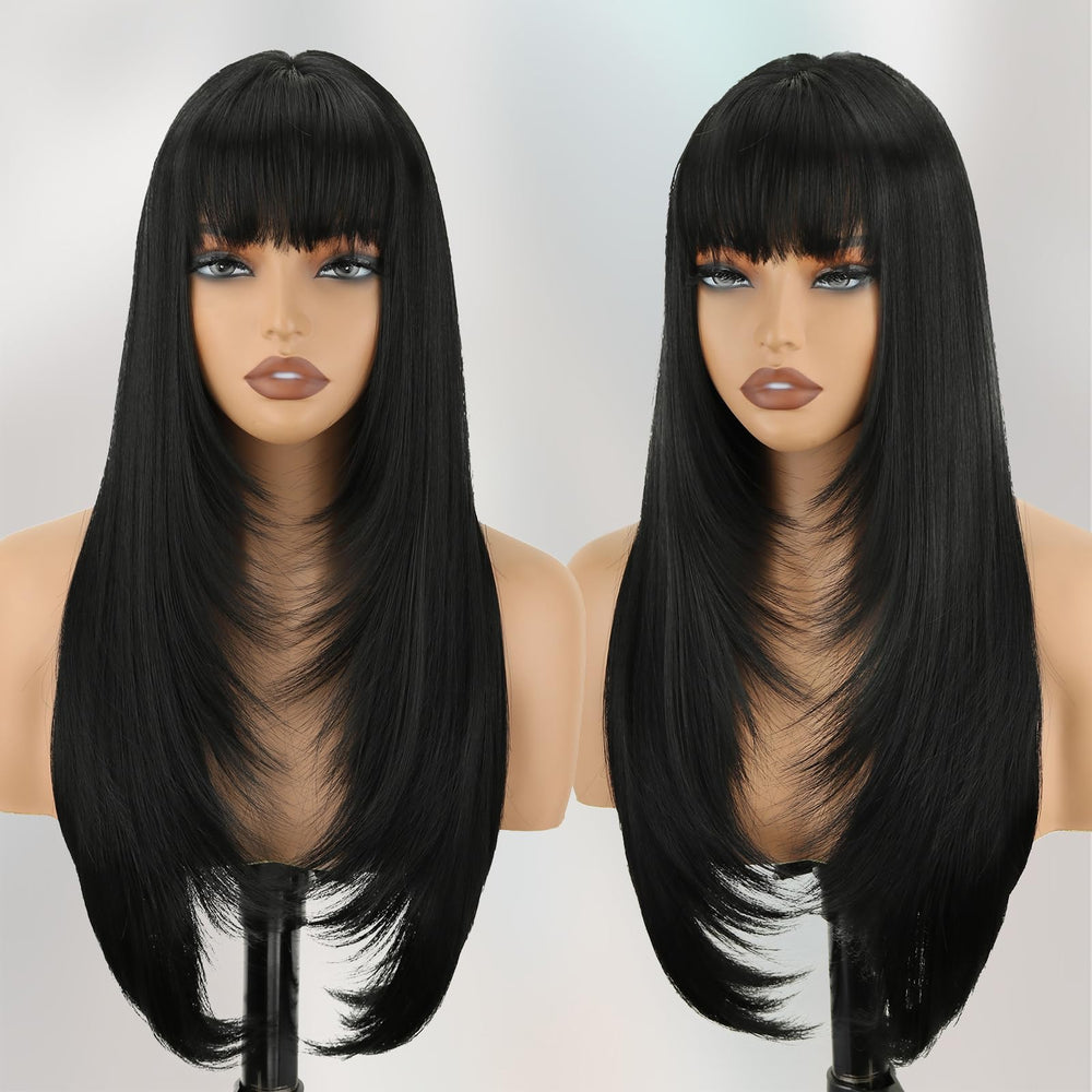 NOVFLKW black long straight layered wig with bangs on model for versatile looks.