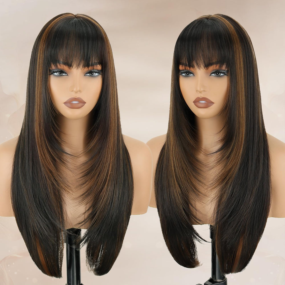 NOVFLKW 26-inch highlight brown wig with bangs for daily wear.