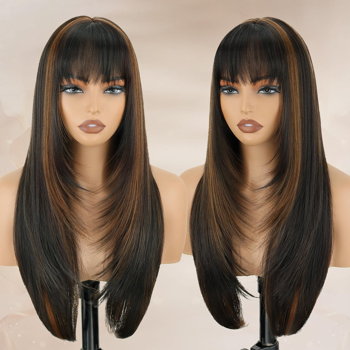 NOVFLKW 26-inch highlight brown wig with bangs for daily wear.