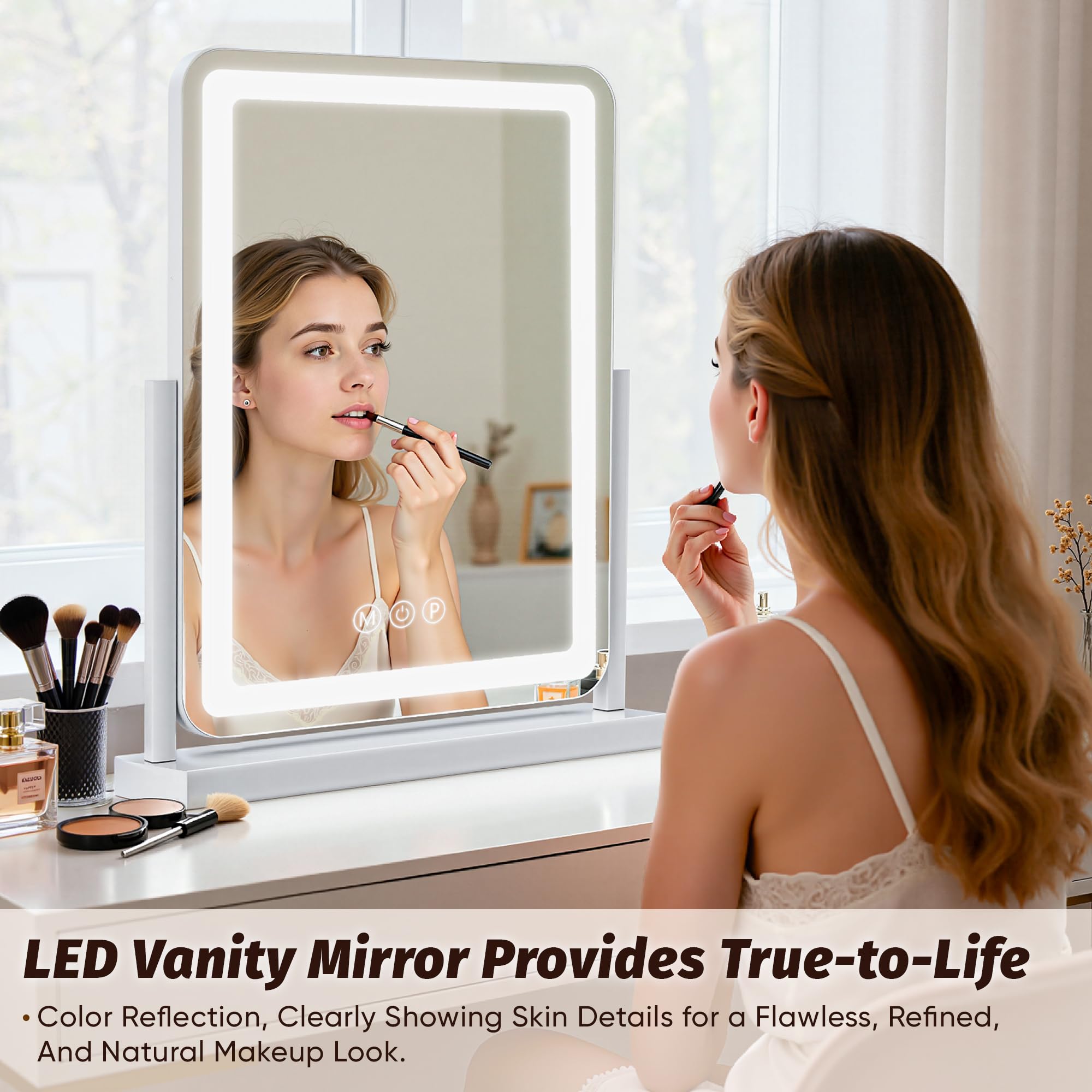 Novlux vanity mirror 360° rotation for flexible viewing angles.