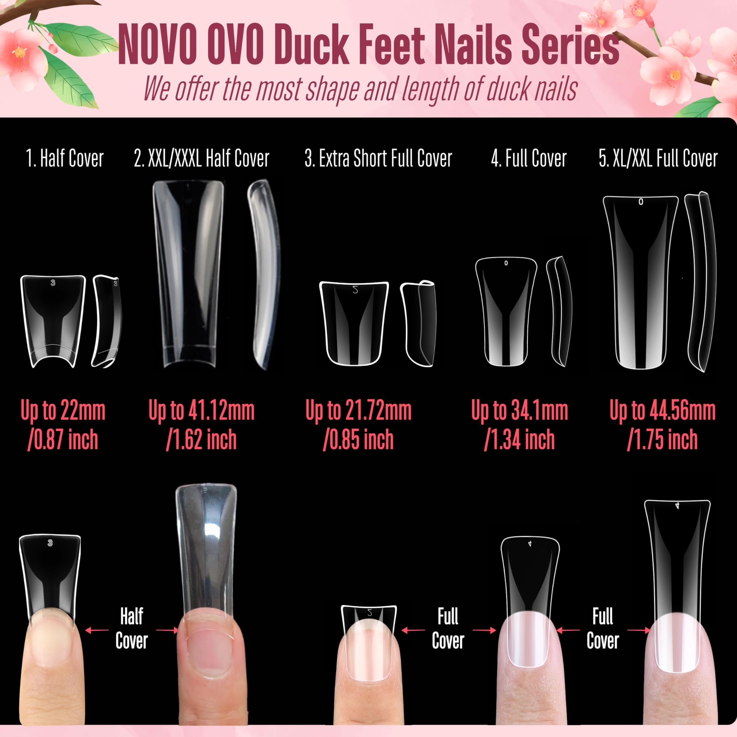 NOVO OVO 120-pcs-full-set shows clear full-coverage tips for long-lasting nails