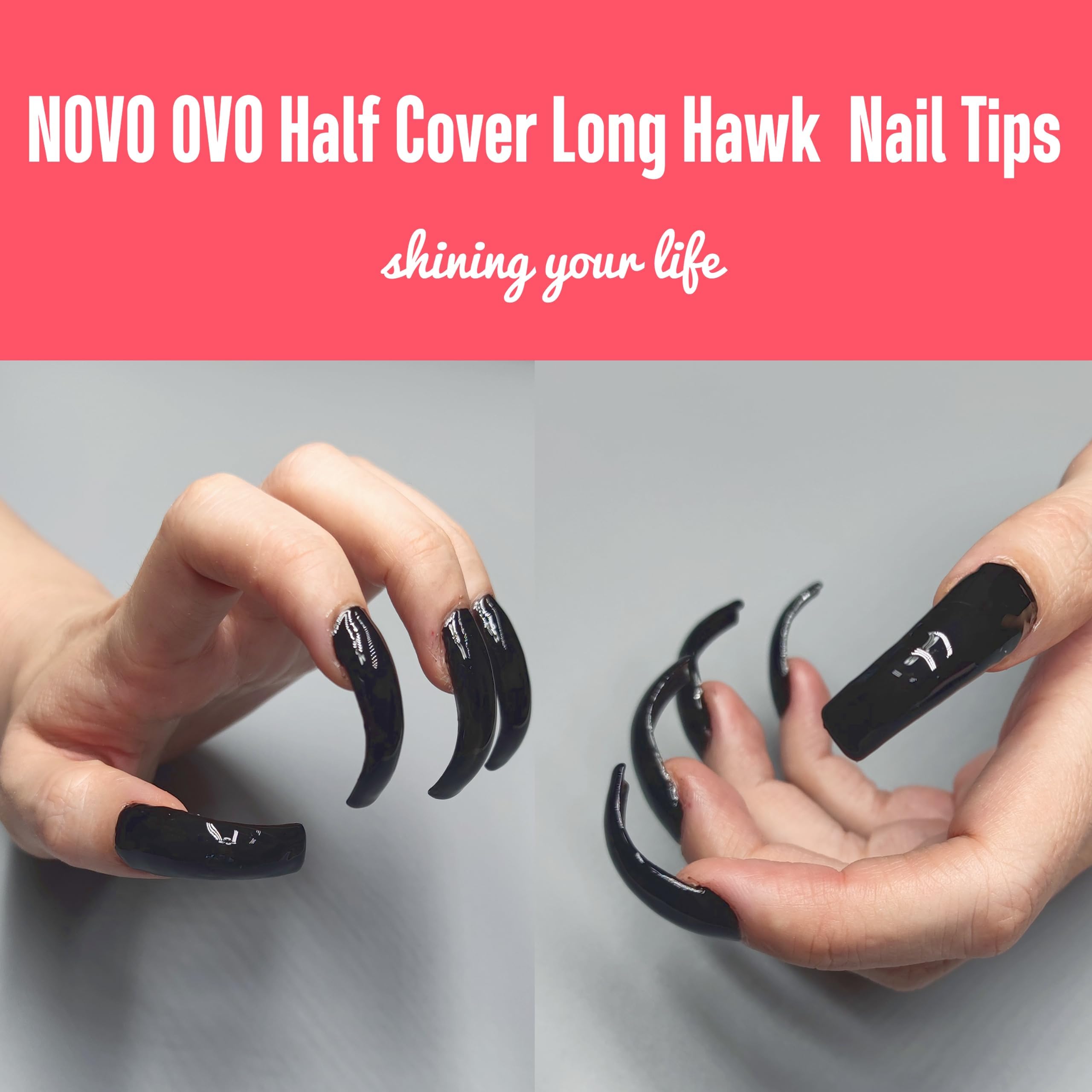 NOVO OVO long hawk curved nail tips closeup—natural-looking curve for seamless acrylics.