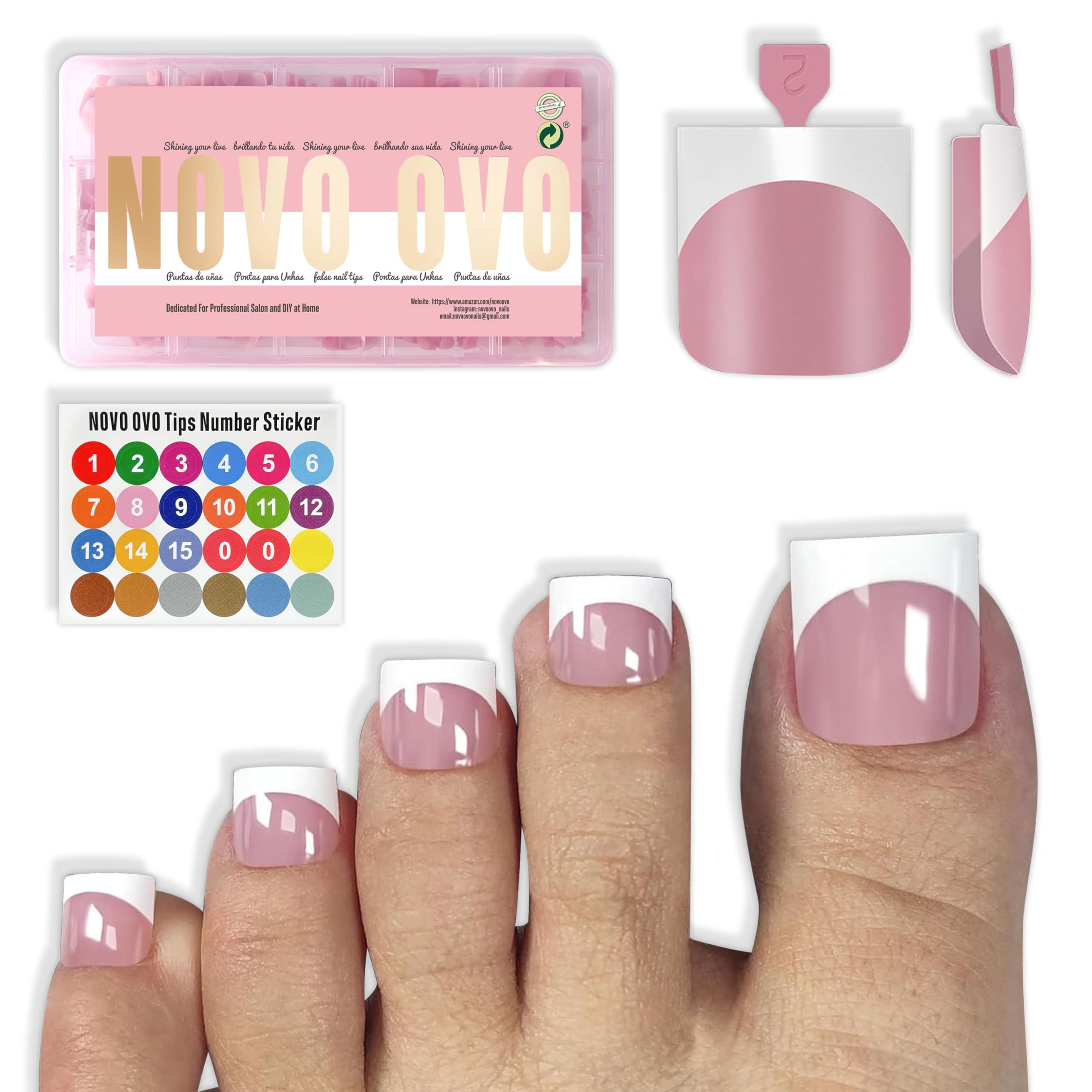 NOVO OVO press-on toenails with white French tip for quick, chic pedicure.