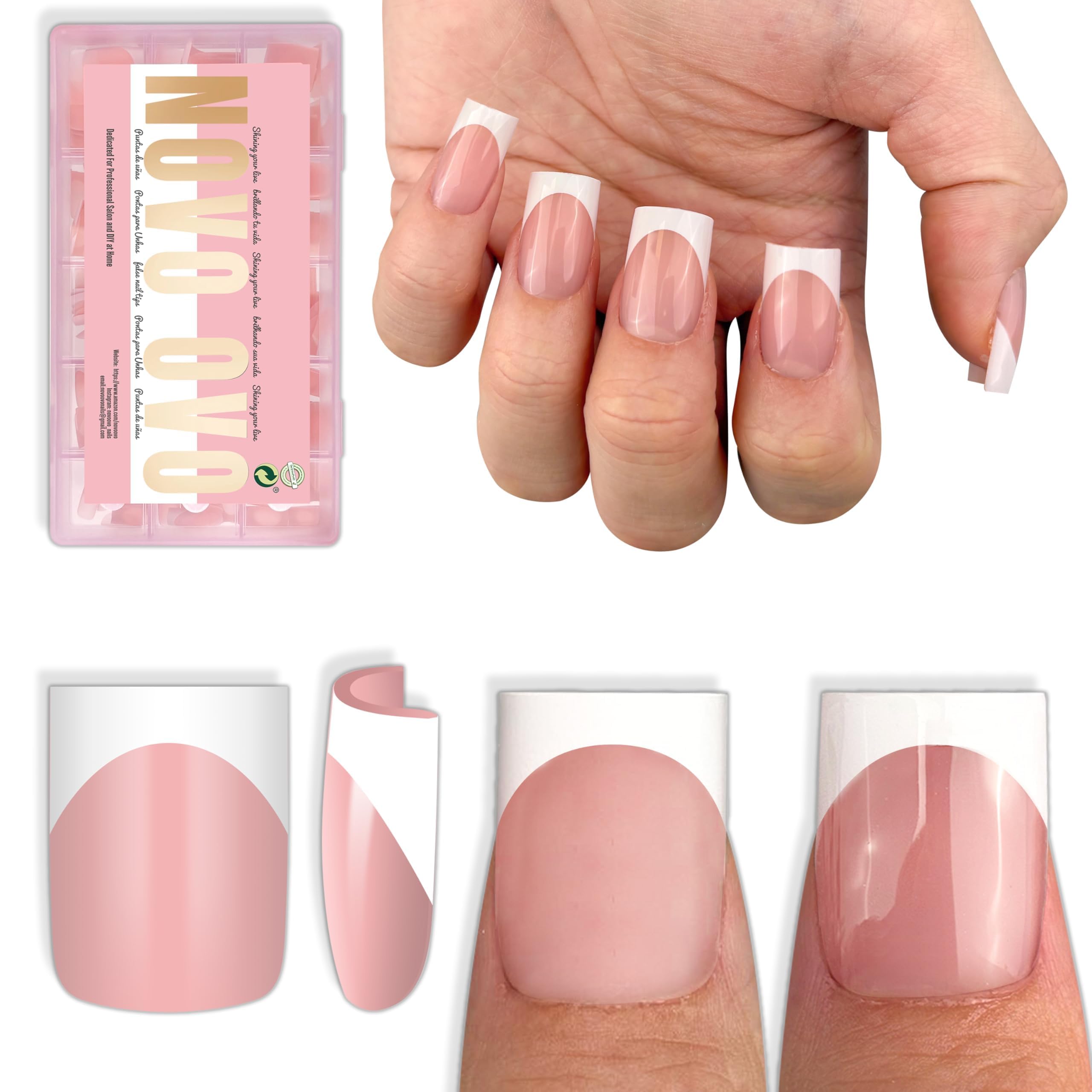 NOVO OVO short sharp square French tip nails, glossy baby pink press-on manicure for salon-quality results