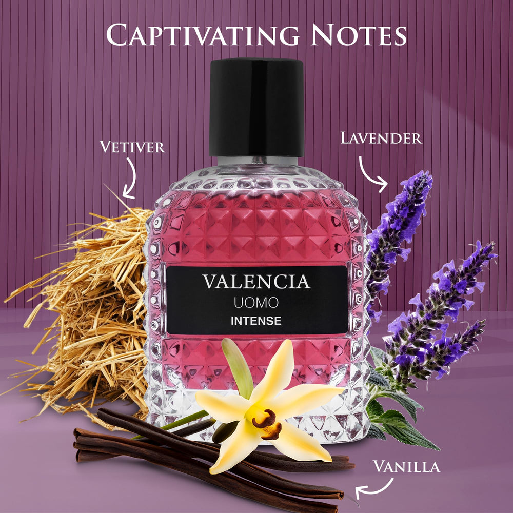 NovoGlow Valencia UOMO Intense mid-note lavandin image emphasizes fresh aromatic heart