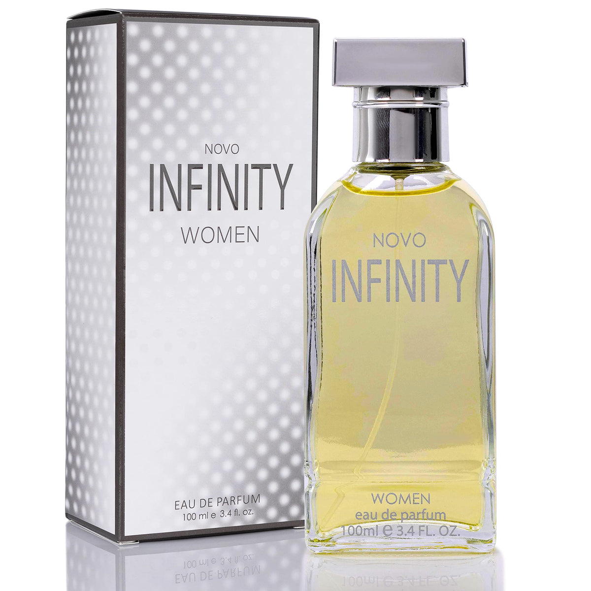 NovoGlow Infinity bottle front showcases elegant design with a versatile everyday fragrance.