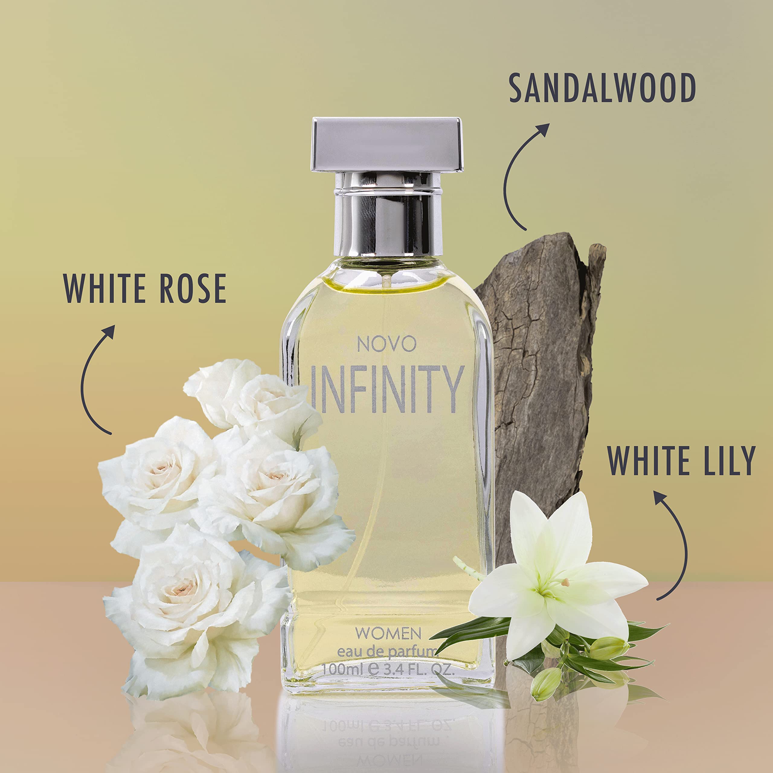 NovoGlow Infinity bottle side reveals subtle sparkle for evening elegance.