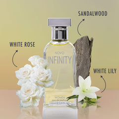 NovoGlow Infinity bottle side reveals subtle sparkle for evening elegance.