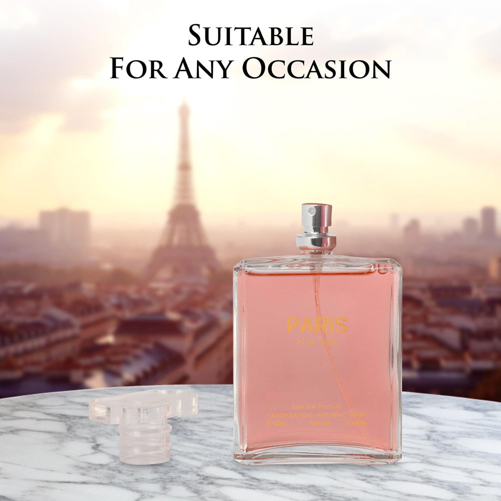 NovoGlow Paris For Her evening out use suggested by elegant bottle styling.
