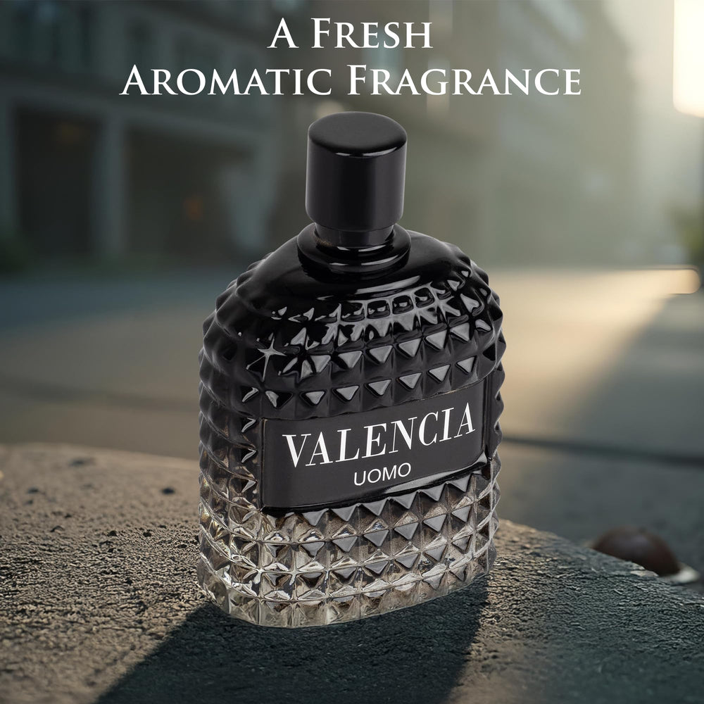 NovoGlow Valencia UOMO bottle highlights woody aromatic edge for modern sophistication