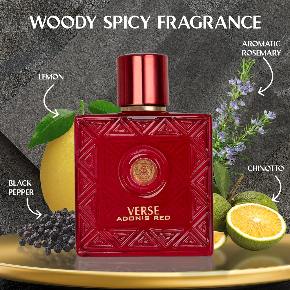 NovoGlow Verse Adonis Red bottle side view highlights premium design.