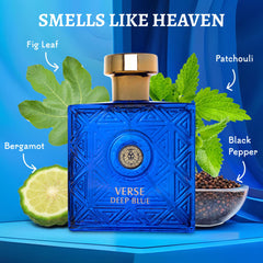 NovoGlow Verse Deep Blue spray application shows long-lasting fragrance.