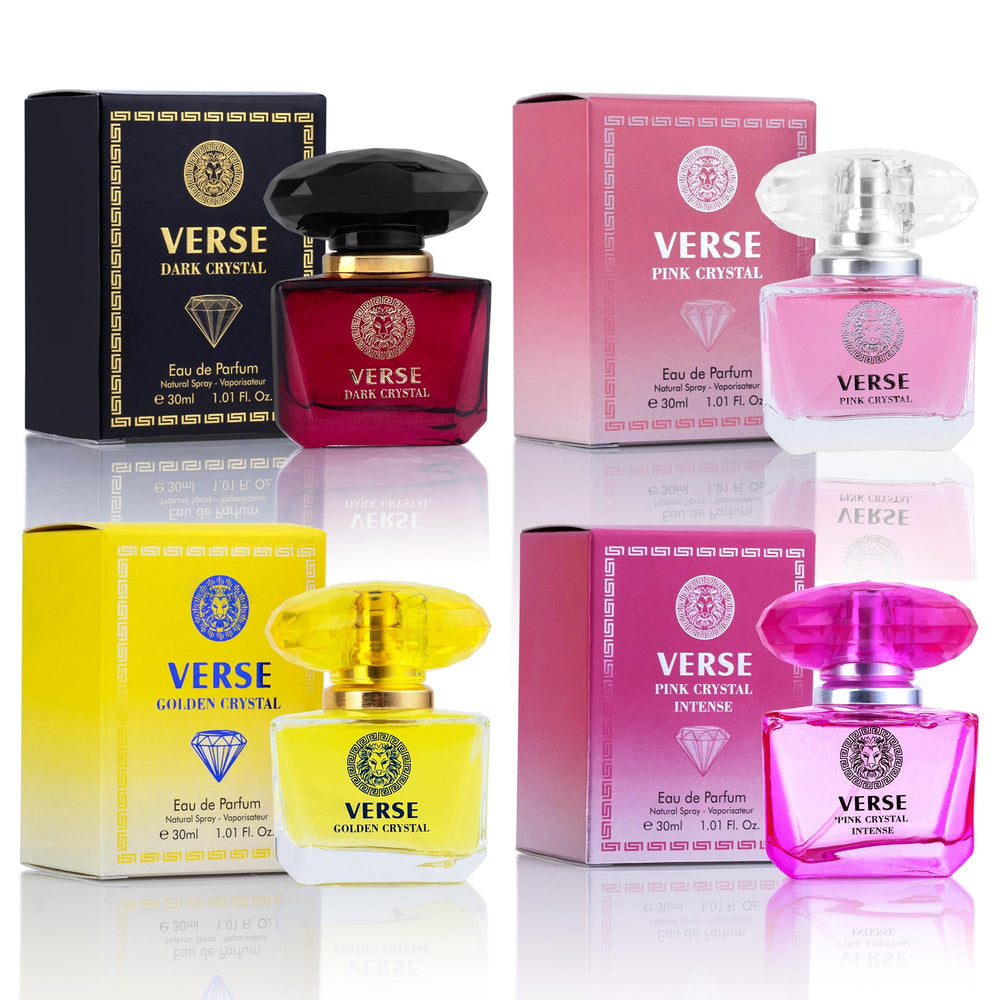 NovoGlow Verse Golden Crystal bottle on vanity for daily confidence and floral freshness.
