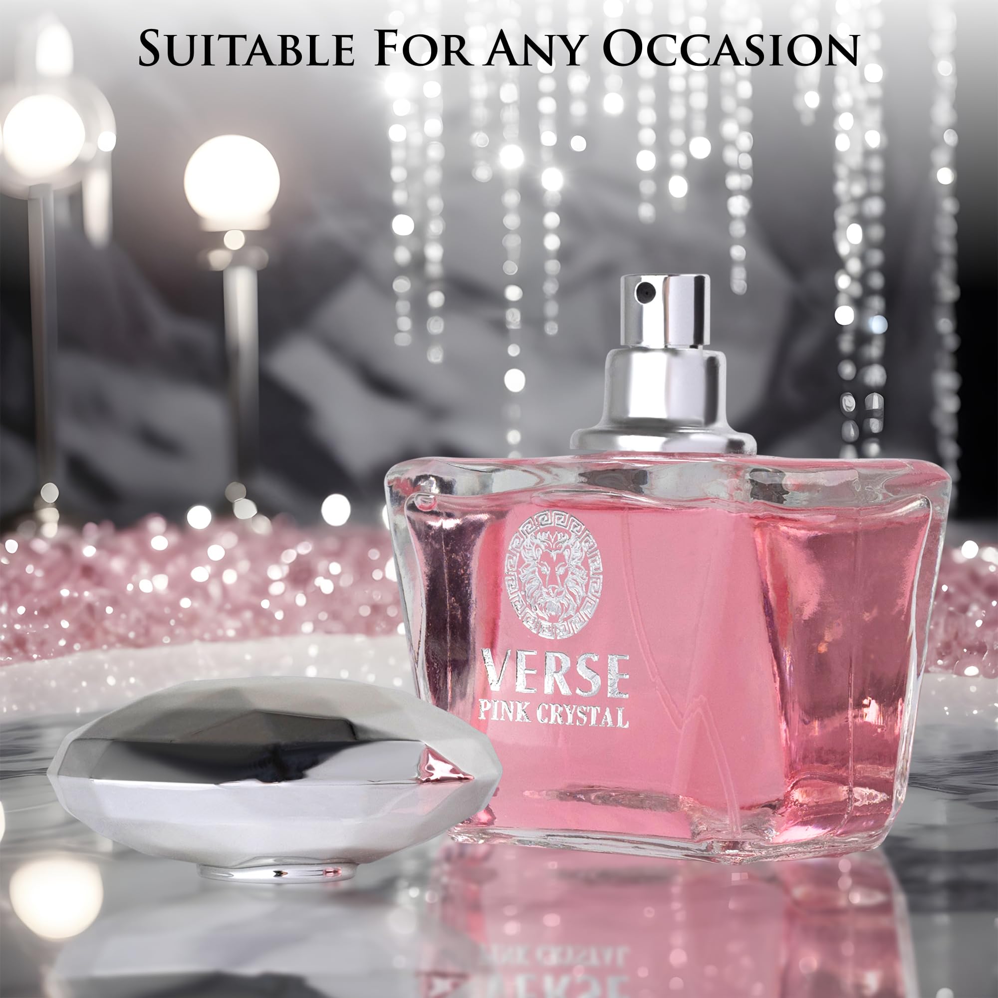 NovoGlow Verse Pink Crystal bottle on vanity for evening outings