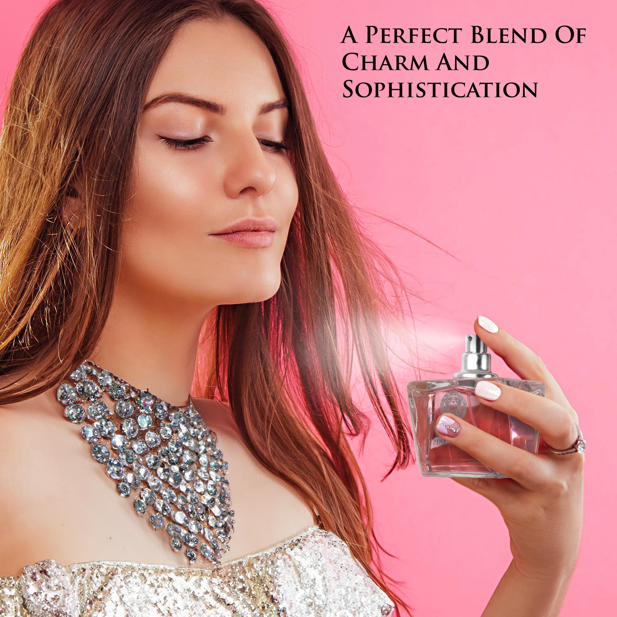 NovoGlow Verse Pink Crystal fragrance spray gesture suggesting effortless daily wear
