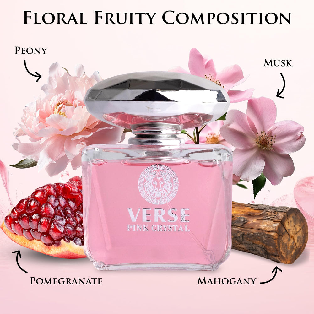 NovoGlow Verse Pink Crystal top notes image with pomegranate and yuzu inspire freshness