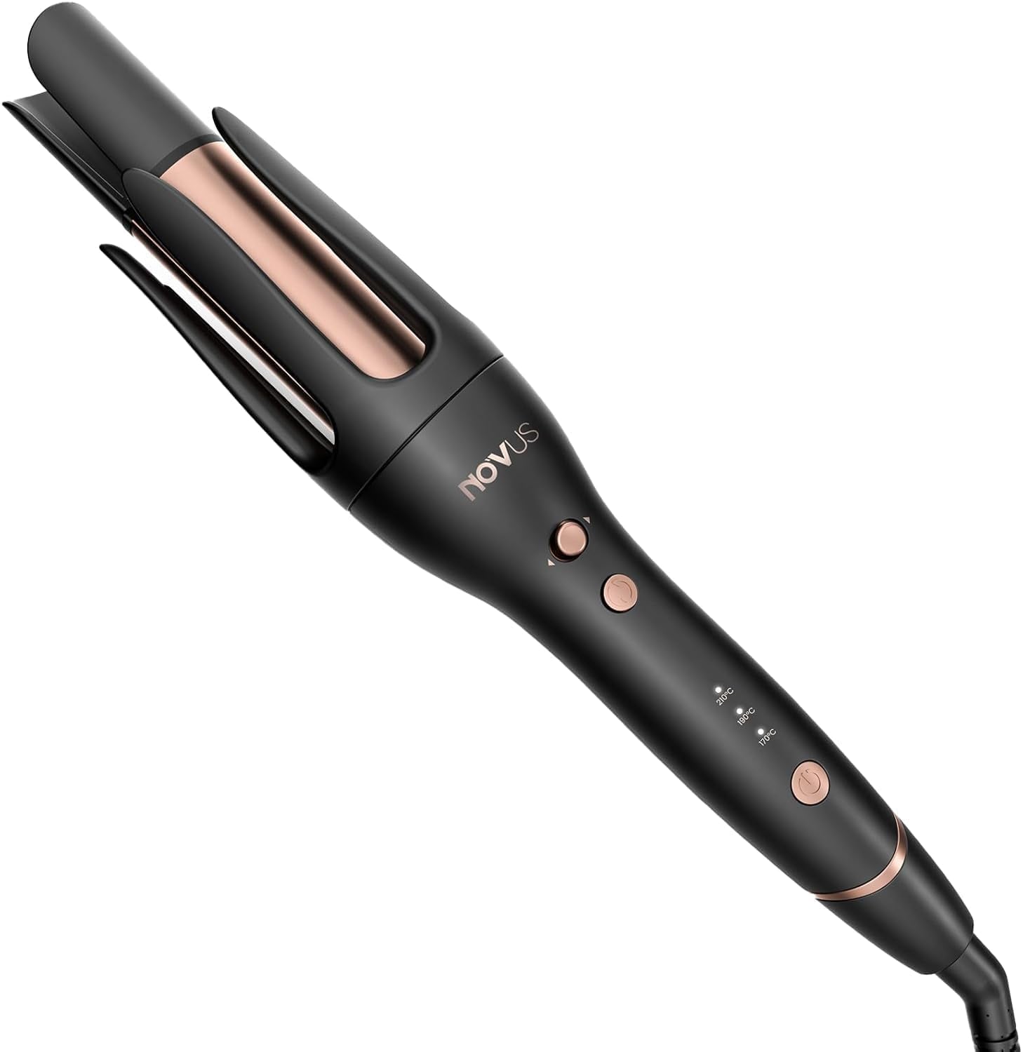 NOVUS anti-scald curling-iron in hand demonstrates smooth, tangle-free styling.