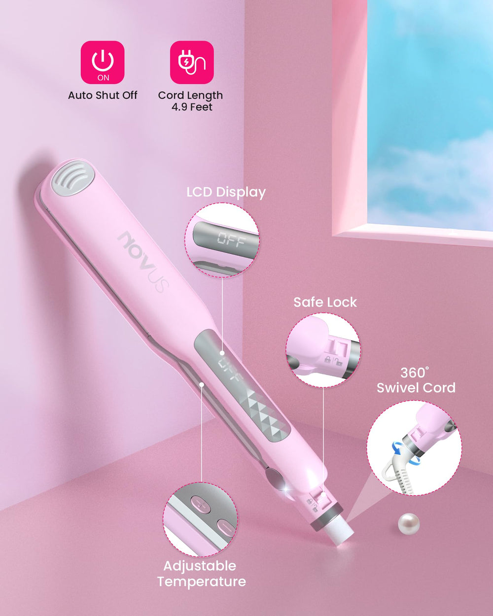 NOVUS negative ions close-up highlighting frizz control and shine.