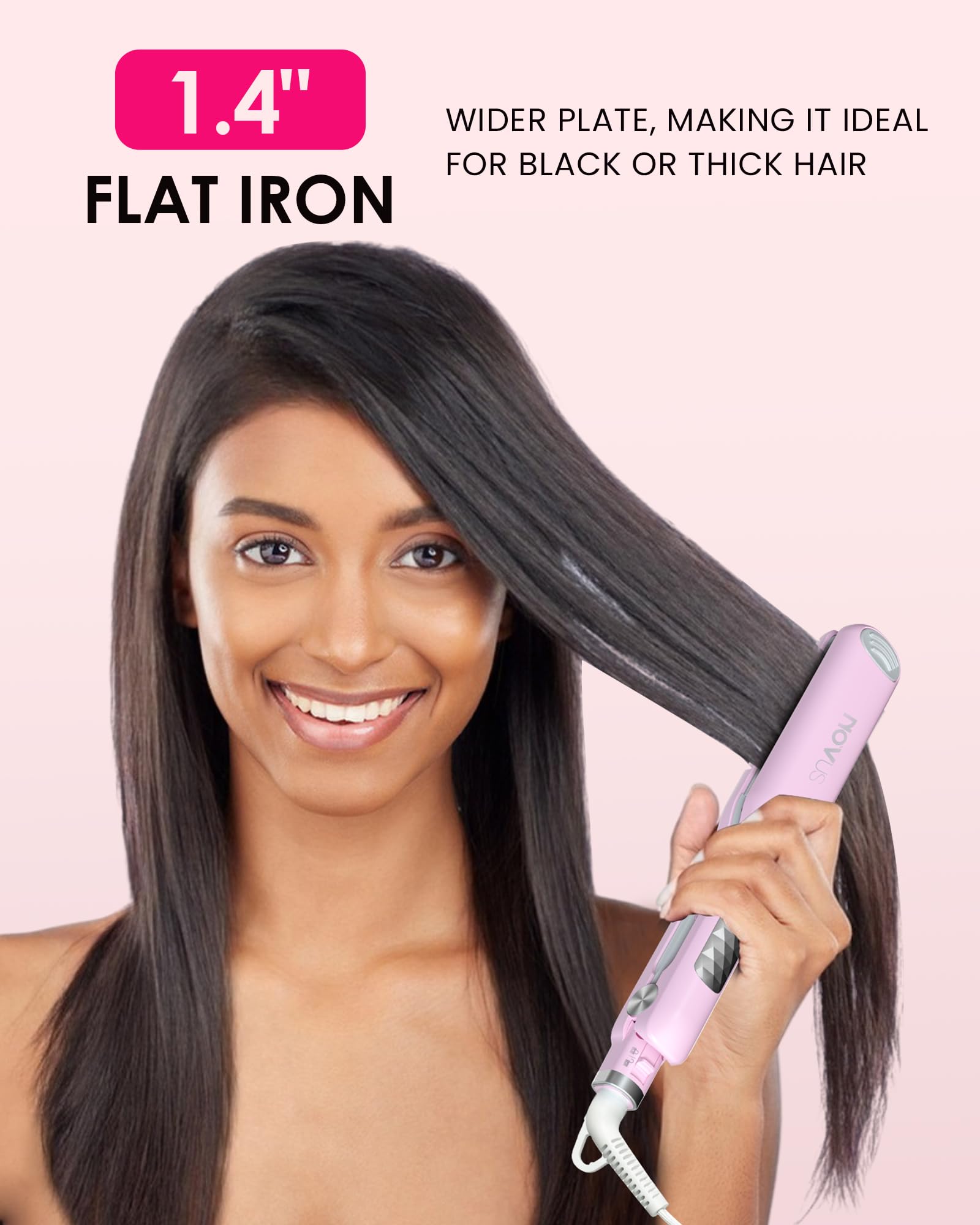 NOVUS flat iron 1.4 inch wide plates close-up for efficient styling.