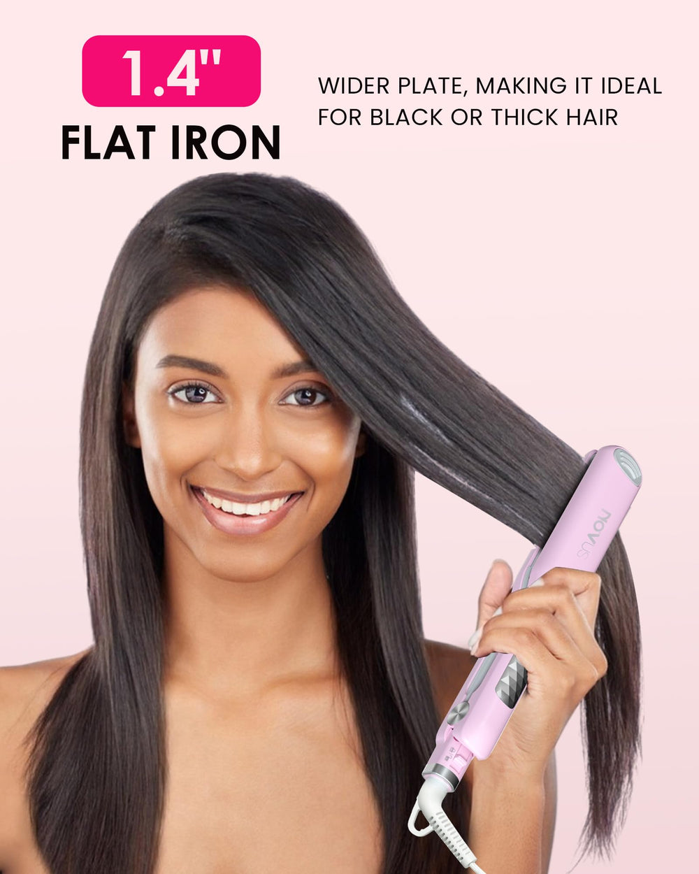 NOVUS flat iron 1.4 inch wide plates close-up for efficient styling.
