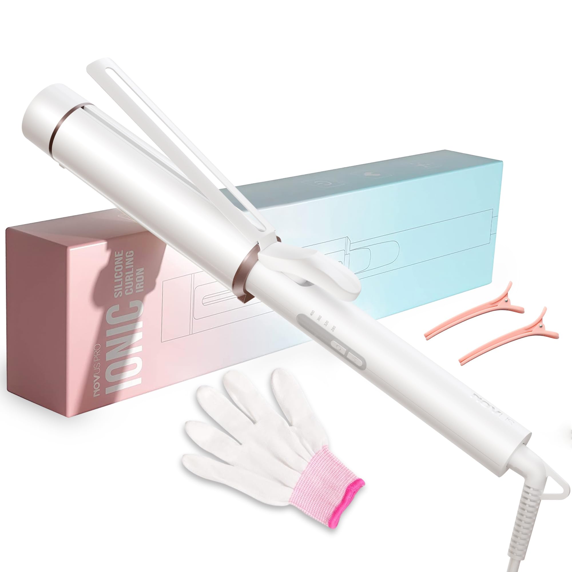 NOVUSPRO curling wand barrel close-up shows ceramic-tourmaline surface for smooth curls.