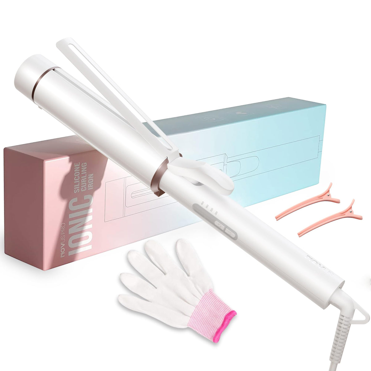 NOVUSPRO curling wand barrel close-up shows ceramic-tourmaline surface for smooth curls.
