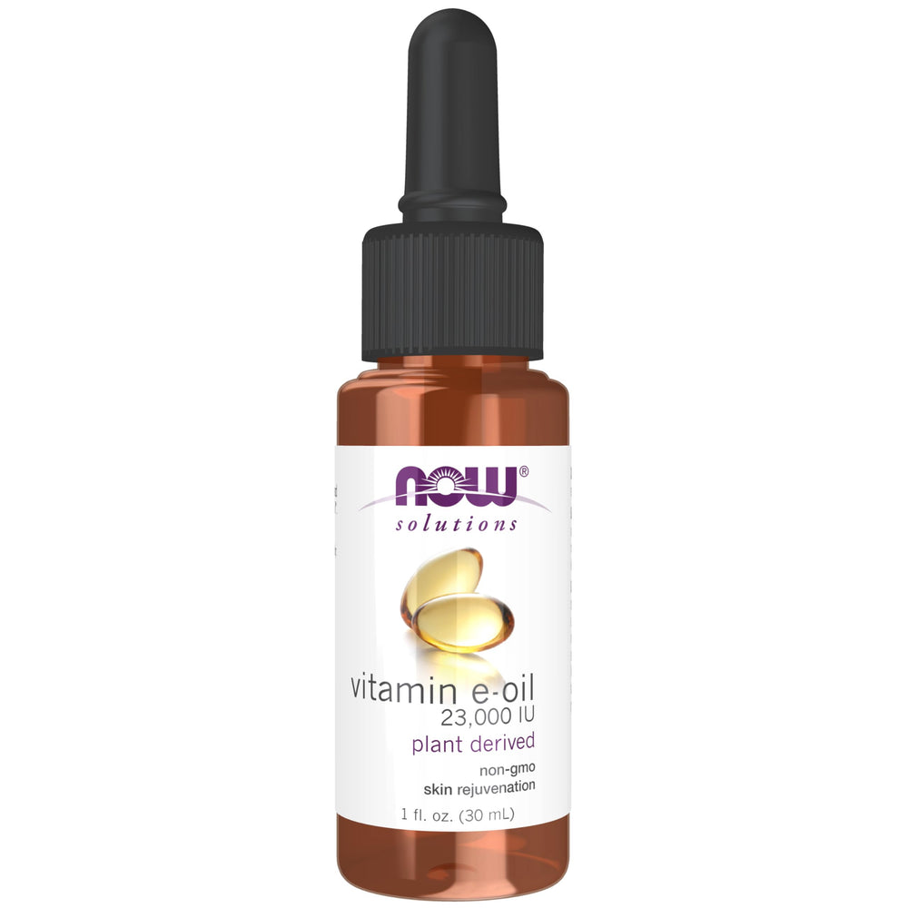NOW Foods E-Oil 23,000 IU bottle ready for daily skin hydration.