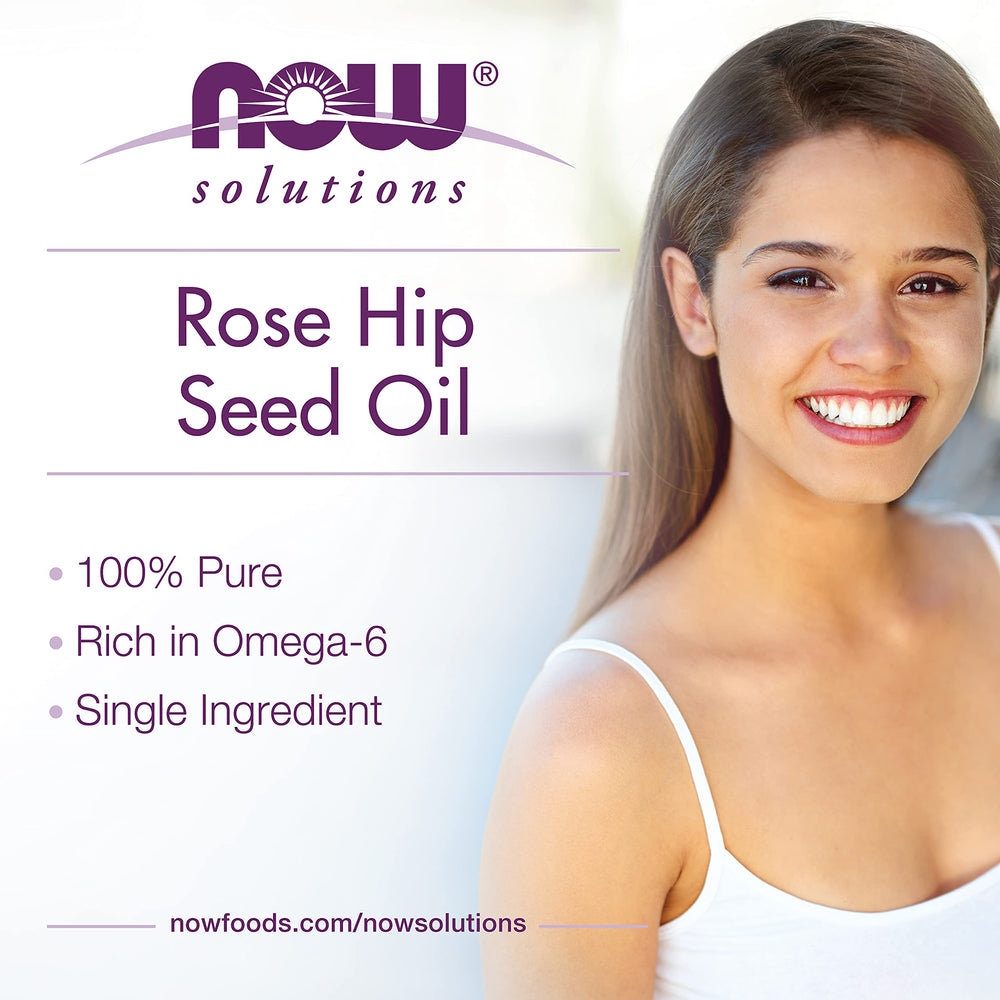 NOW Foods Rose Hip Seed Oil label closeup highlighting pure, single-ingredient formula