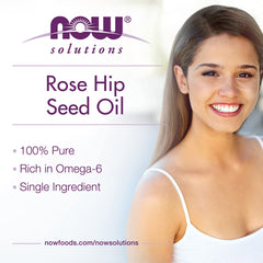 NOW Foods Rose Hip Seed Oil label closeup highlighting pure, single-ingredient formula