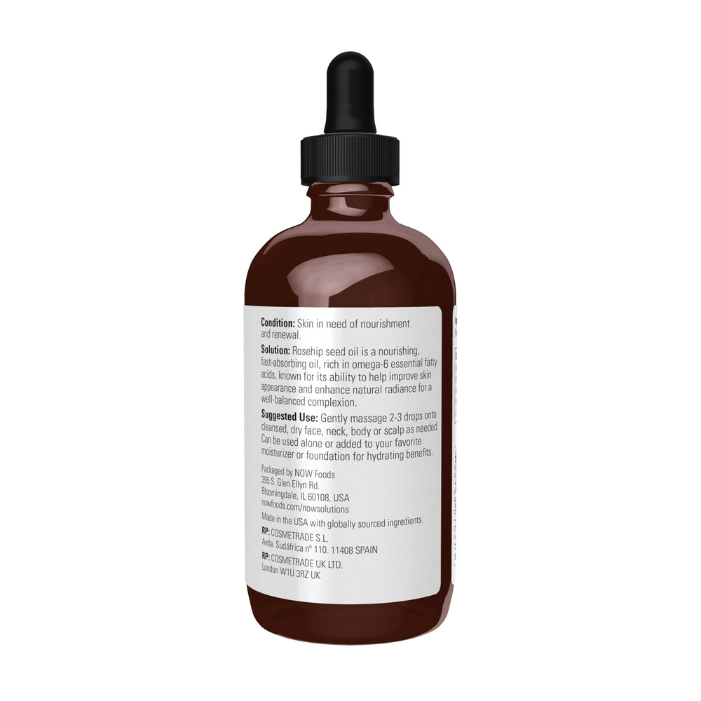 NOW Foods Rose Hip Seed Oil single-ingredient label emphasizes purity for skincare