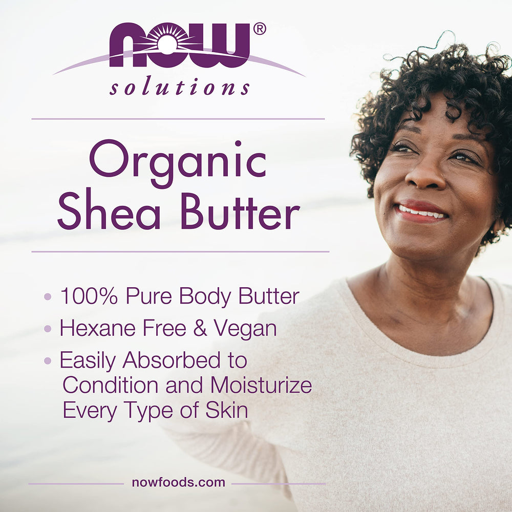 NOW Foods Shea Butter organic label emphasizes 100% pure vegan emollient
