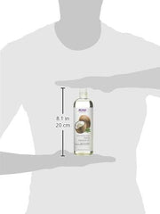 NOW Foods Solutions Liquid Coconut Oil application close-up shows multipurpose skincare use