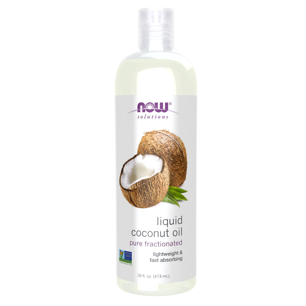 NOW Foods Solutions Liquid Coconut Oil bottle for skin hydration with lightweight feel