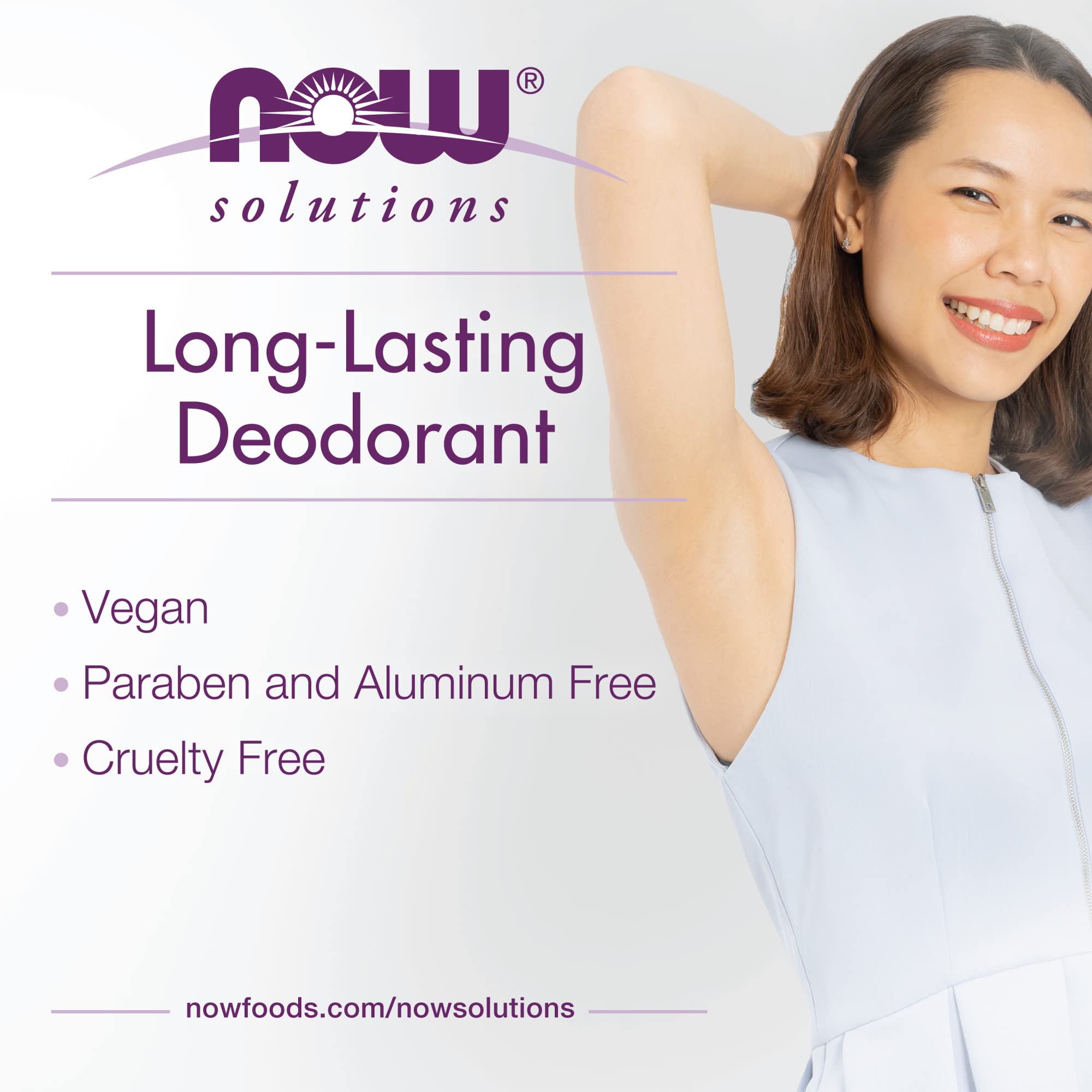 NOW Foods Solutions vegan deodorant label emphasizes cruelty-free, plant-based care