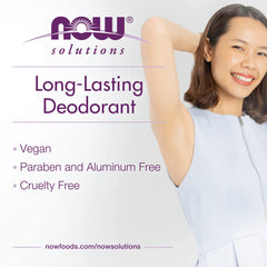 NOW Foods Solutions vegan deodorant label emphasizes cruelty-free, plant-based care